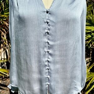 Vince Camuto Vintage Silver Gray Blouse Size S Shirred Buttons Long Sleeve Retro